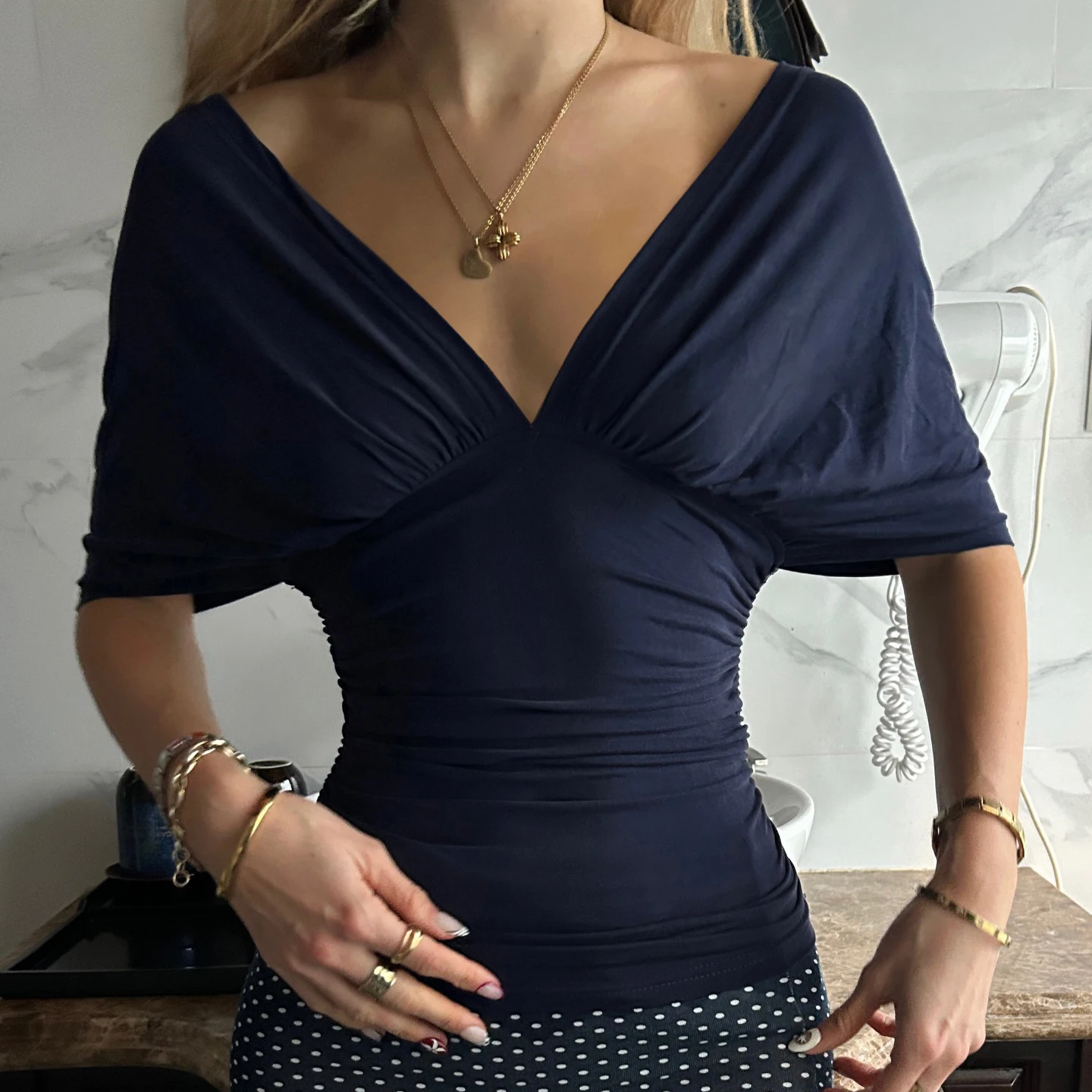[RUOKE] Elegant Women Ruched Deep V Blouse Spring Summer Resort Vacation Solid Short Sleeve Top Date Daily Office Outfit Trendy