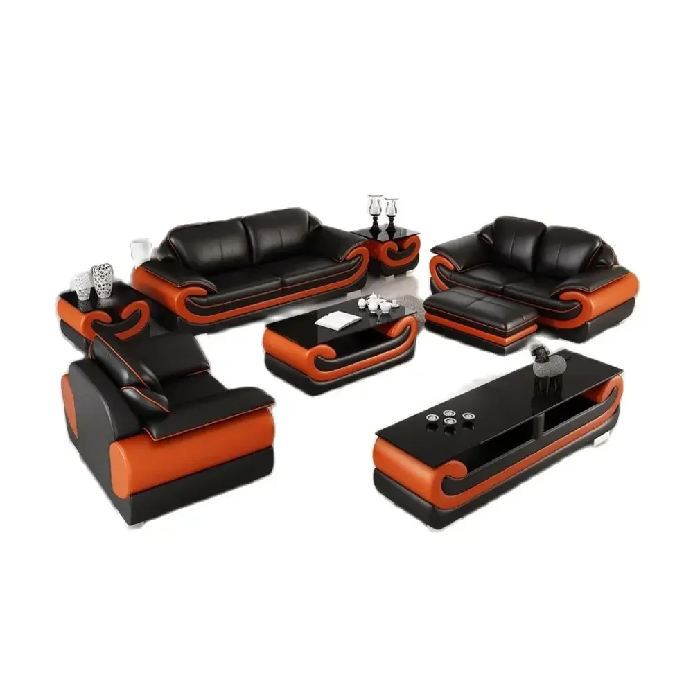 Modern big Living Room Sofa Top Grade Cow Genuine Leather 1+2+3 Seat + Coffee Table+ TV Stand + Side