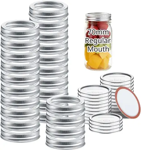 48 Pcs Mason Jar Lids, 70/86MM Regular Mouth Canning Lids and Bands, Reusable Safe Leakproof Lids with Silicone Seal Rings