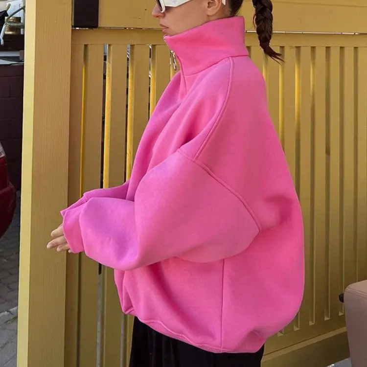 2025V Neck Zipper Autumn Winter Street Trend Solid Color Loose Casual Lazy Style Lapel Zipper Hooded Women's Clothing Sweatshirt