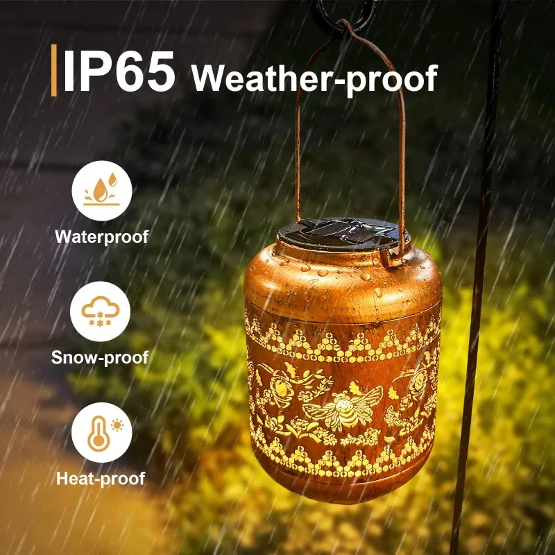 Bee Solar lentera luar ruangan gantung tahan air lebah dekorasi taman ibu nenek Ironwork Hollow logam Solar lampu dekorasi