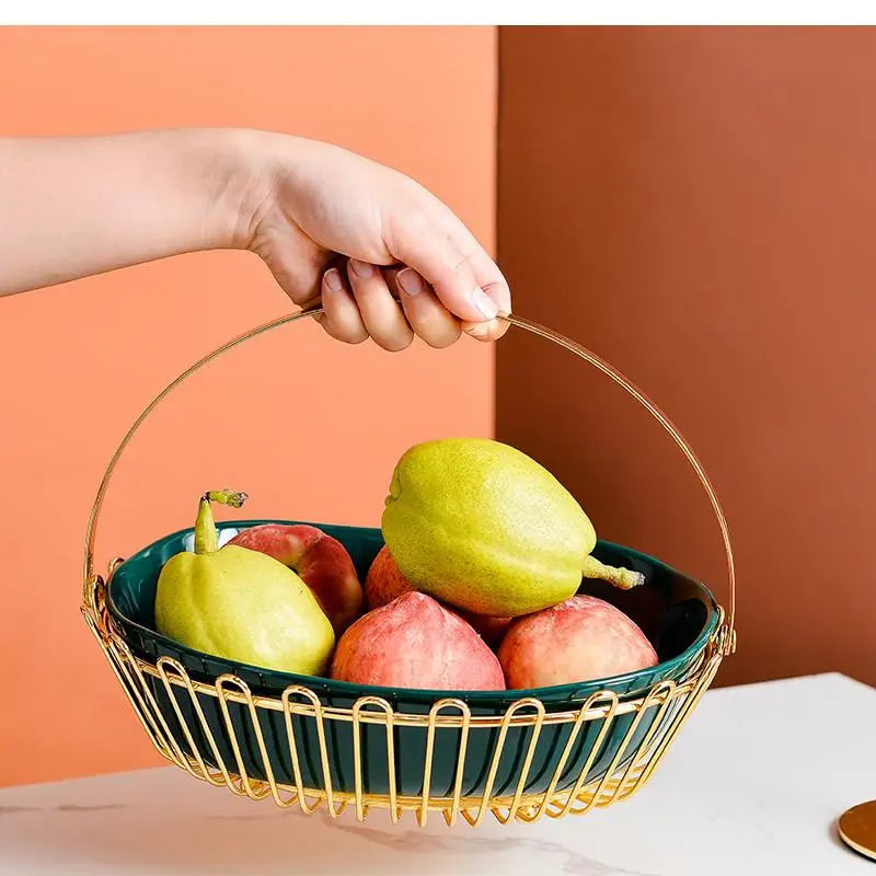 

Modern Household Fruit Tray, Snack Storage Basket, Ceramic Oval Salad Bowl, Living Room Portable Iron Basket