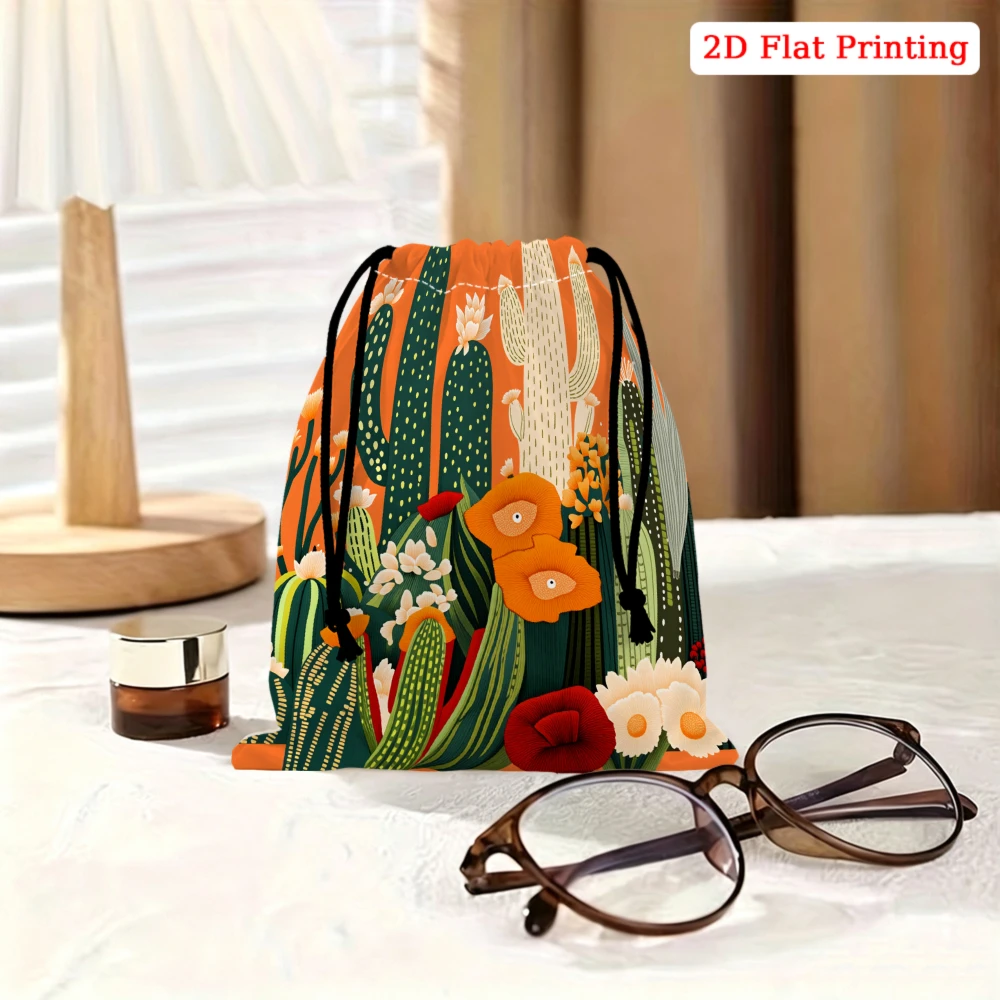 1pc Cactus Print Drawstring Bag Orange Green Floral Pattern Storage Small Pouch Travel Cosmetic Organizer For Women Portable Gif