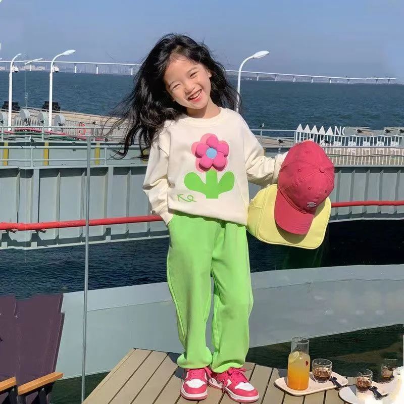 

Girls Sweatshirts +Pants Kids Suits 2PCS/Set Cotton 2024 Flowers Spring Autumn Cotton Tracksuit Sport Suits Children Clothing
