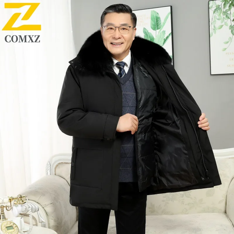 COMXZ Premium Men Down Jacket Fur Collar Hooded Commute Office Thickened Warm Parka Solid Color Travel Windproof Winter Coat