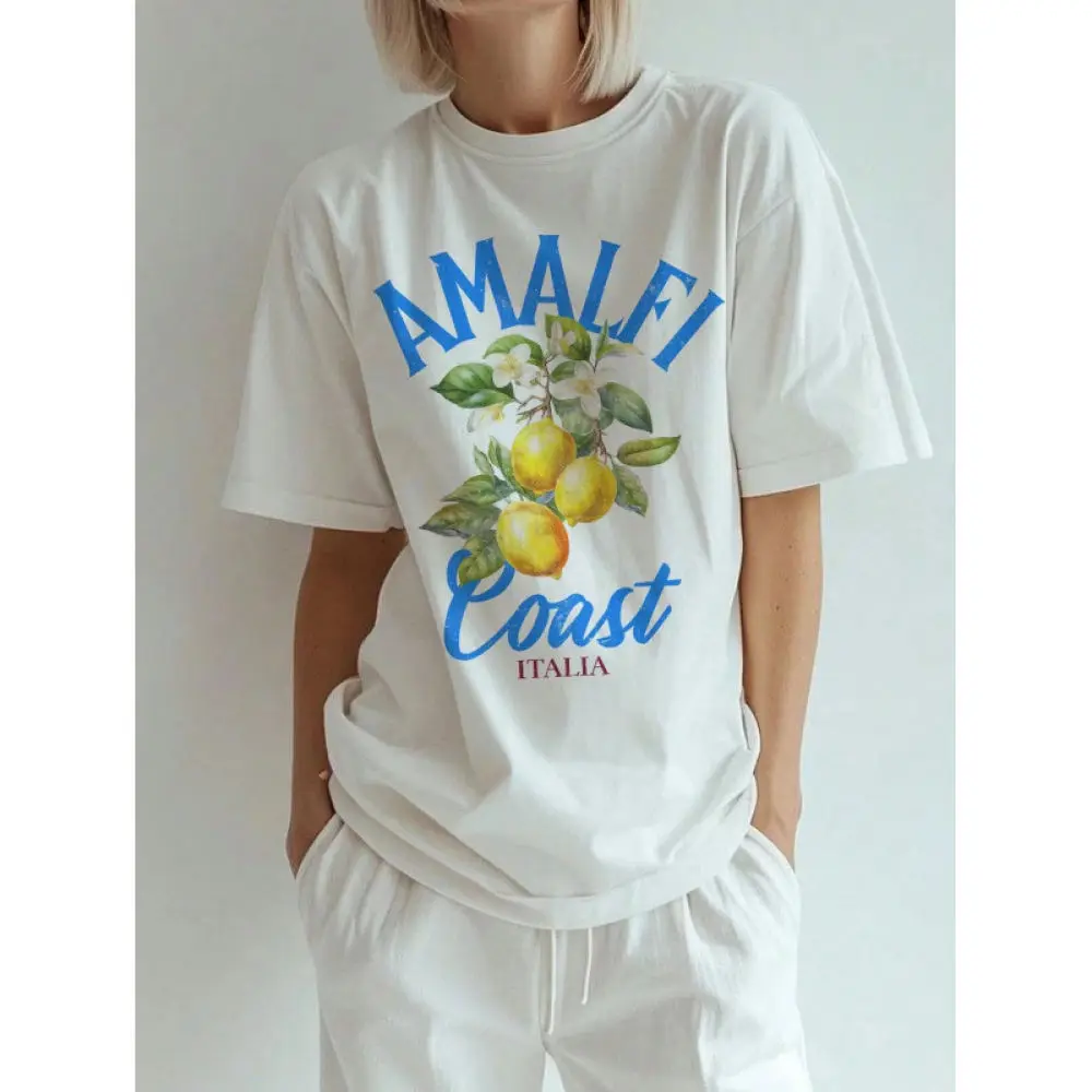 Womens Summer Casual T Shirt Cotton Tee Lemon Print O Neck Short Sleeve Loose Fit Soft Breathable Trendy Blouse