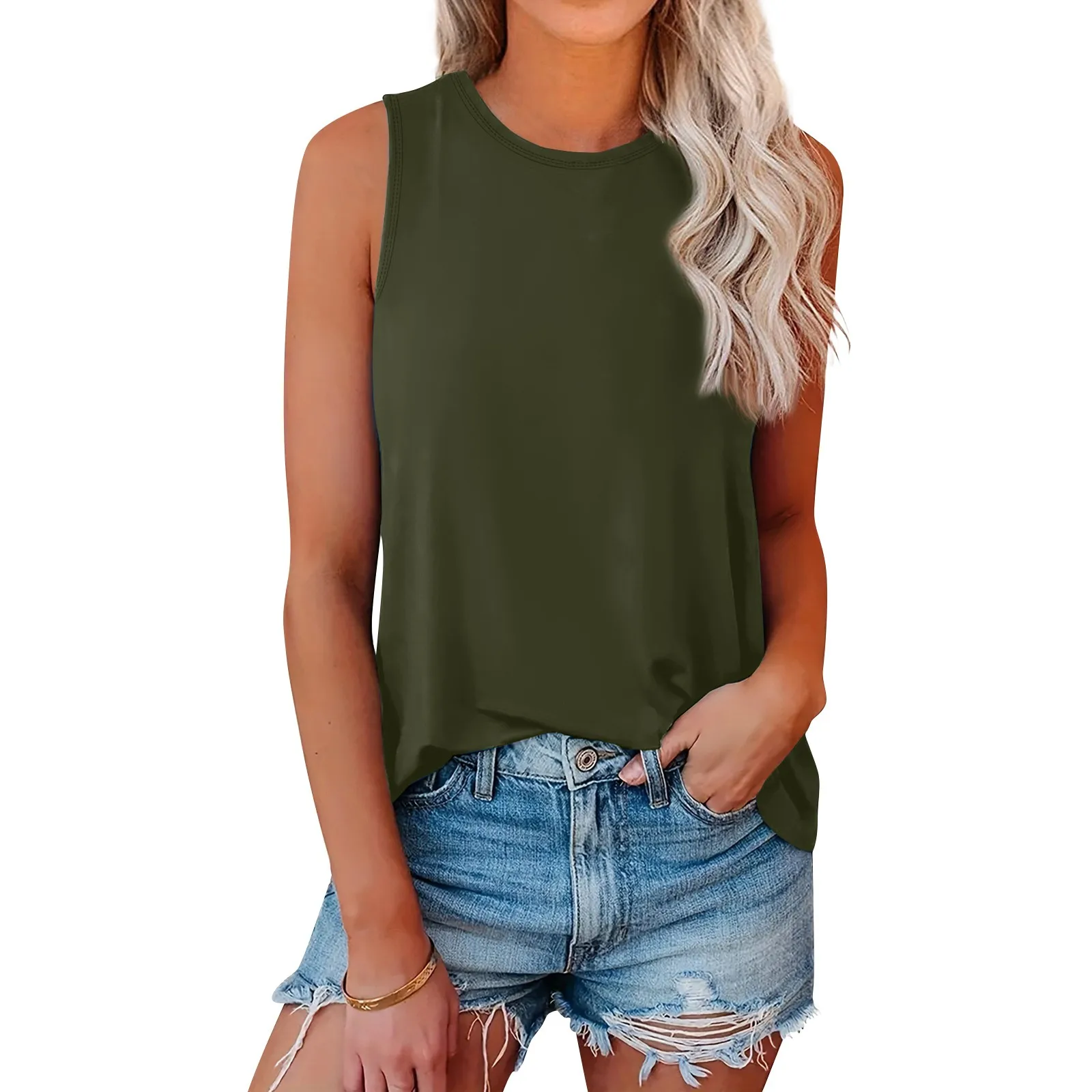 Summer Basic Casual Loose Sexy Sleeveless Round Neck Vest Solid Color Casual And Versatile Cotton Breathable Tank Top For Female