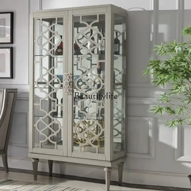 

2 yj15 American light luxury solid wood glass wine cabinet bookcase European high-grade gray glass door
