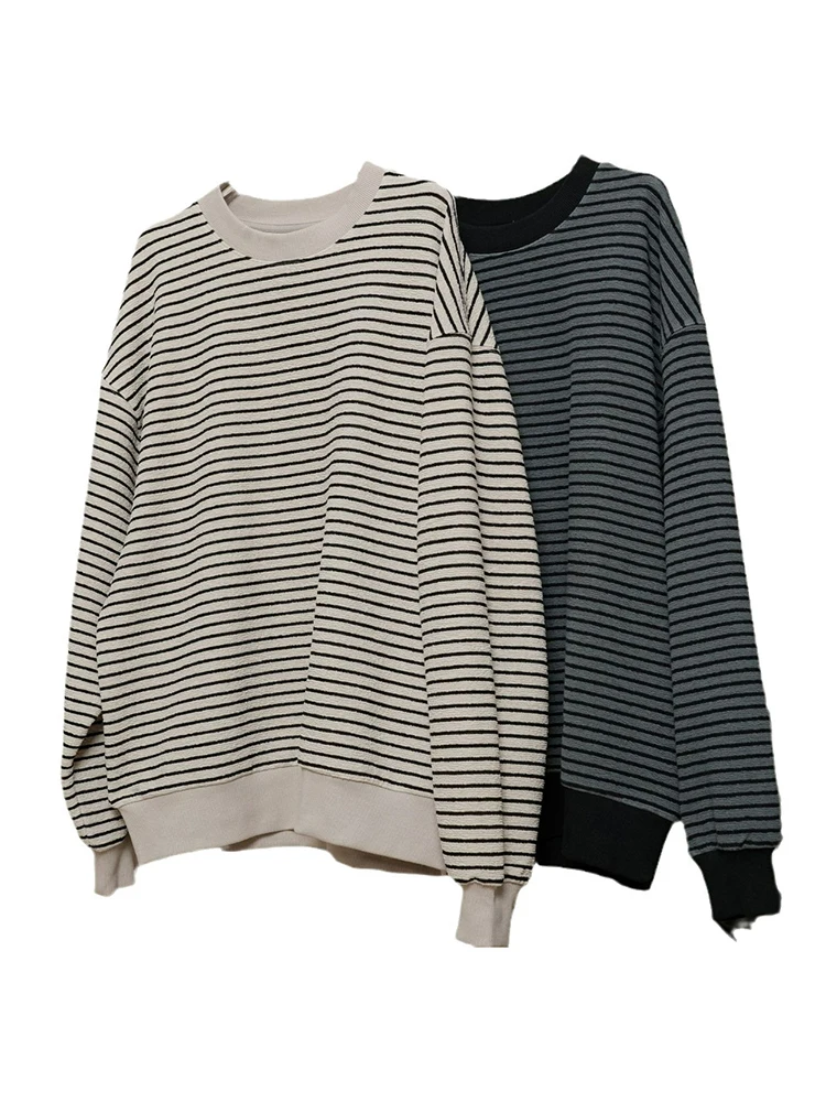 [LANMREM] Vintage Striped Loose Pullover Sweatshirt For Women Round Neck Long Sleeve Casual Top Fashion 2024 Autumn New 26C124