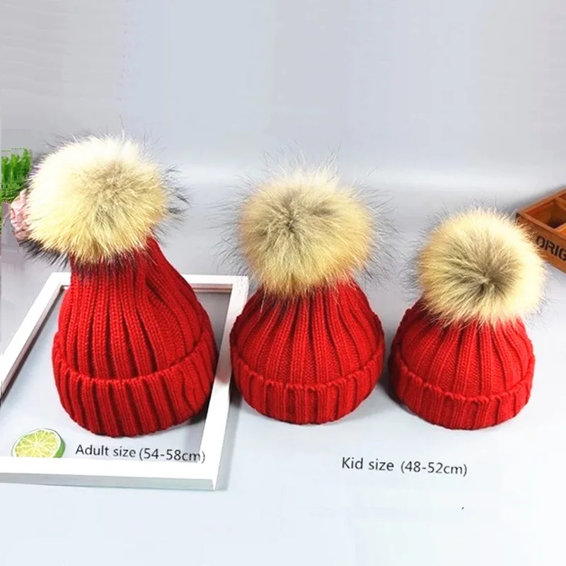 

Winter Genuine Fur Pompom Knitted Beanies Gorros Boy Girls Real Natural Hairy ball Knit Skullies Kids Fluffy Thick Warm Hats