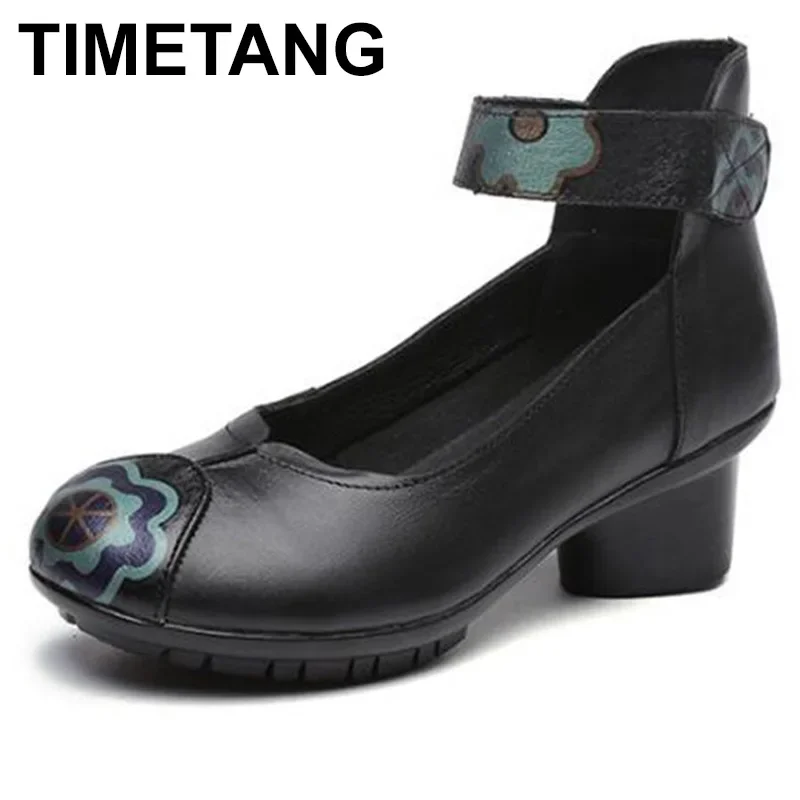 

TIMETANG Retro Bohemian Women Pumps Shoes Woman Spring Autumn Genuine Leather Block Thick Heels Ladies Shoes Pumps Women Plus