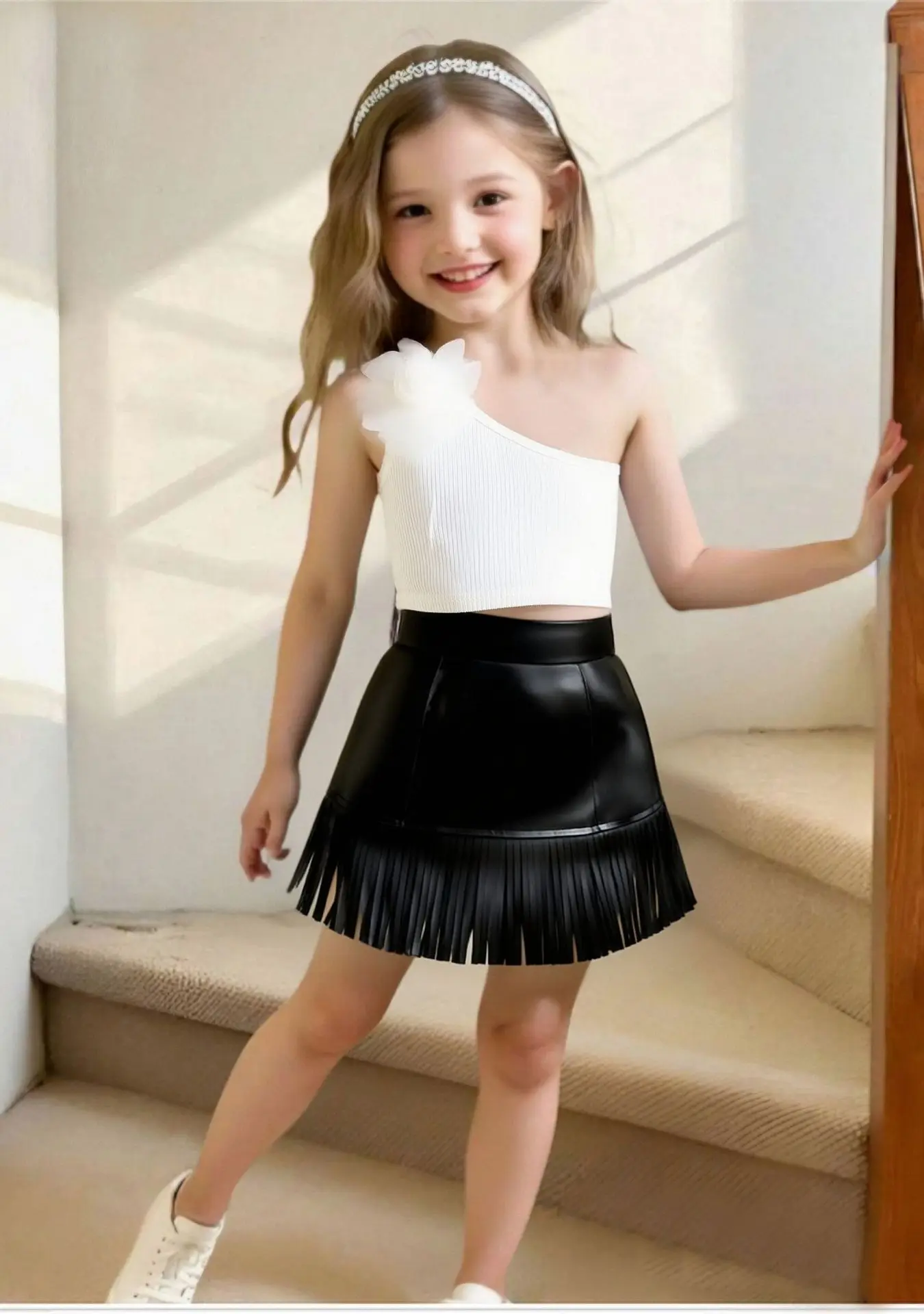 Girl Set European and American New Three-dimensional Flower Sloping Shoulder Vest Tassel PU Leather Short Skirt Two Piece Set