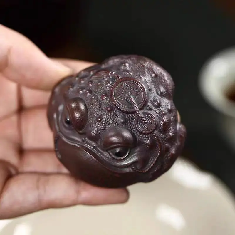 Purple Sand Golden Toad Tea Pet Yixing,Three Legged Golden Toad Purple Mud Tea Pets Ornament,Kung Fu Tea Set Kawaii Accessories