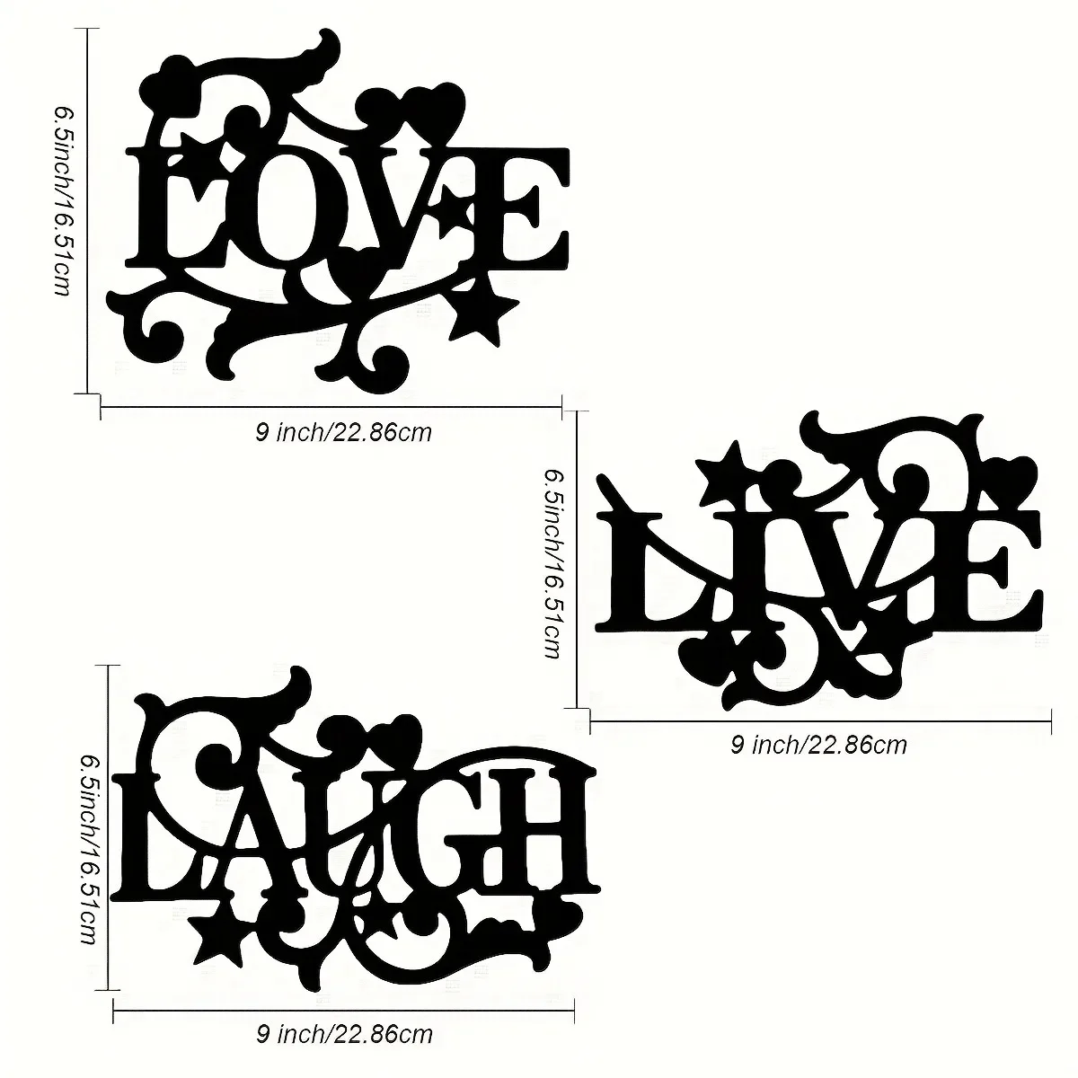 1/3-piece LOVE LIVE LAUGH set in elegant gothic font elevates any space. Bedroom, Kitchen Ornate metal wall decor