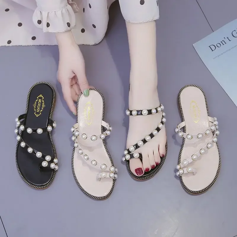 Open Toe Outside Indoor Slides House Women's Slippers and Ladies Sandals Flat Shoes on Beach Home Pearl New Fashion Collection B