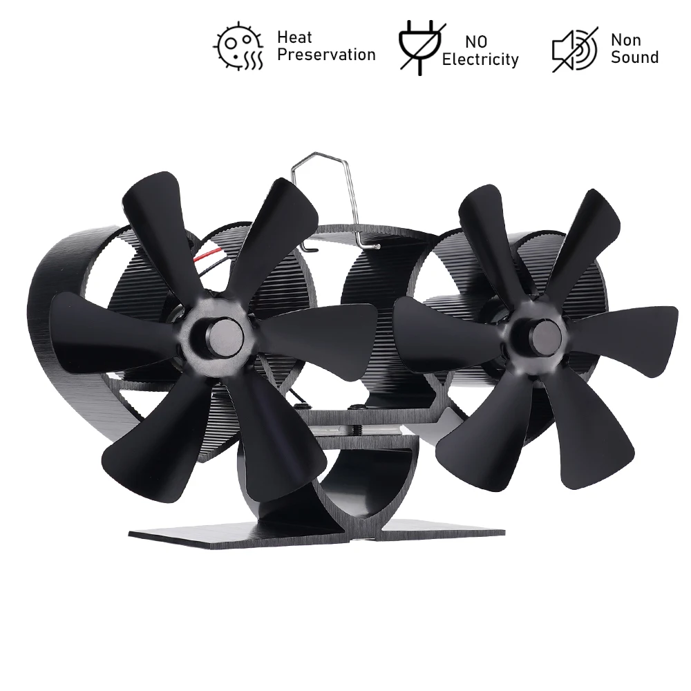 Fireplace Fan Dual Head 12 Blades Heat Powered Stove Fan Log/Wood/Pellet Burner Eco-fan Quiet Home Efficient Heat Distribution