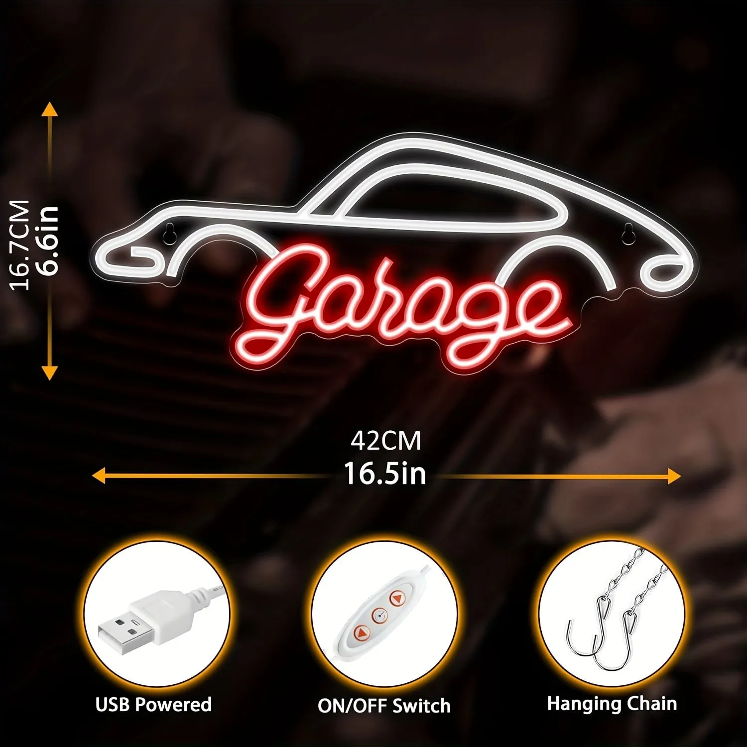 Garage Neon Sign, Led Wall Hanging Decor for Garage, Workshop, Man Cave - Ideal Gift for Dad and Auto Enthusiasts, Plastic Material
