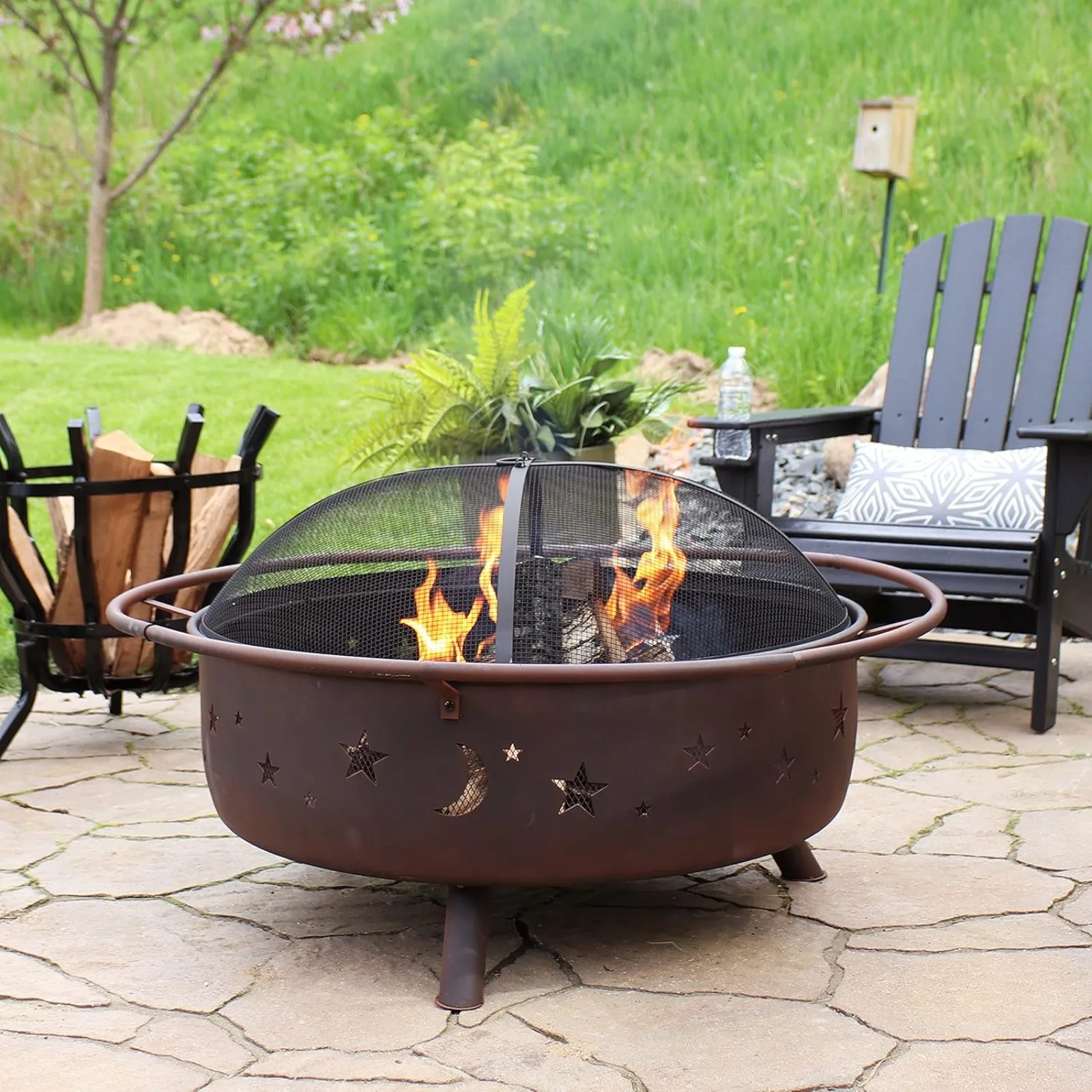 

US Cosmic 42-Inch Wood-Burning Steel Fire Pit with Round Spark Screen, Poker, and Built-in Grate - Rust Patina