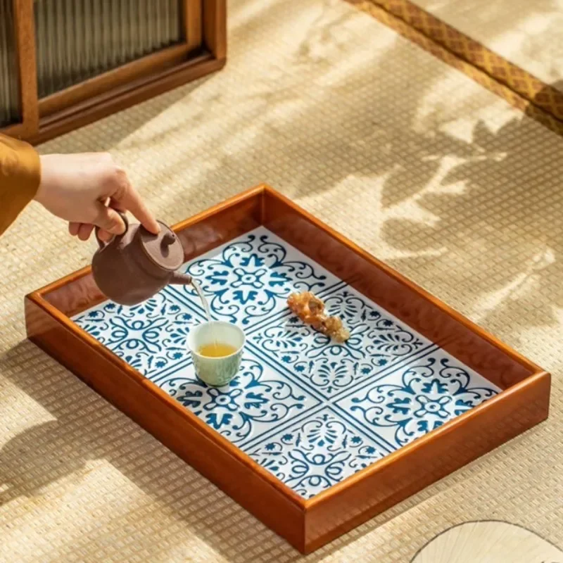 Solid Wood Tea Tray Desktop Luxury Chinese Rectangular Storage Trays Minimalist Teaware Vintage Wooden Salver Home Decoration