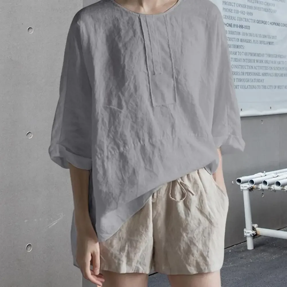 Pullover oversize da donna O-Collo di media lunghezza con orlo diviso sul retro Camicia estiva Camicetta pullover a mezza manica tinta unita Abbigliamento femminile