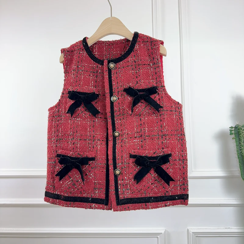 

Small Fragrance Red Check Round-neck Velvet Bow Vest Coat for Women Fashionable Sweet Loose Versatile French Lady Tweed Vest