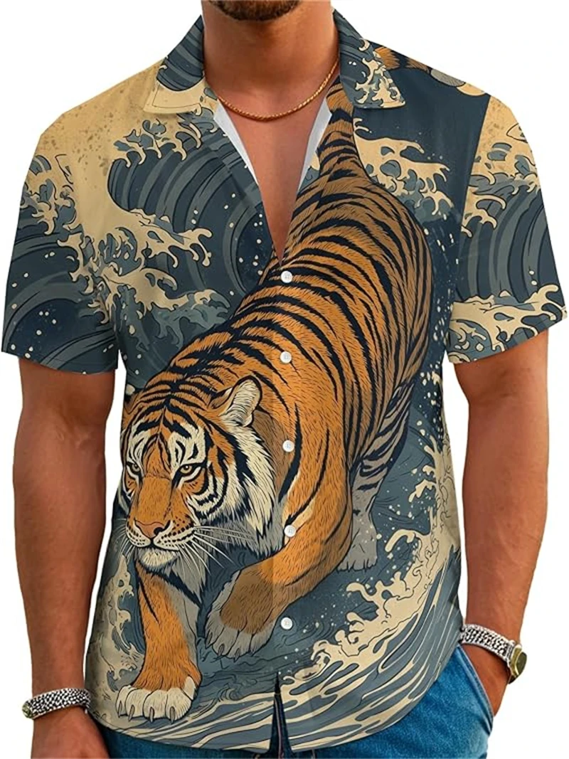

Hot Selling Tiger Cat Animal Men's Short Sleeved Shirt Retro Japanese Style Pattern Printed Shirt Casual Top Trajes De Moda