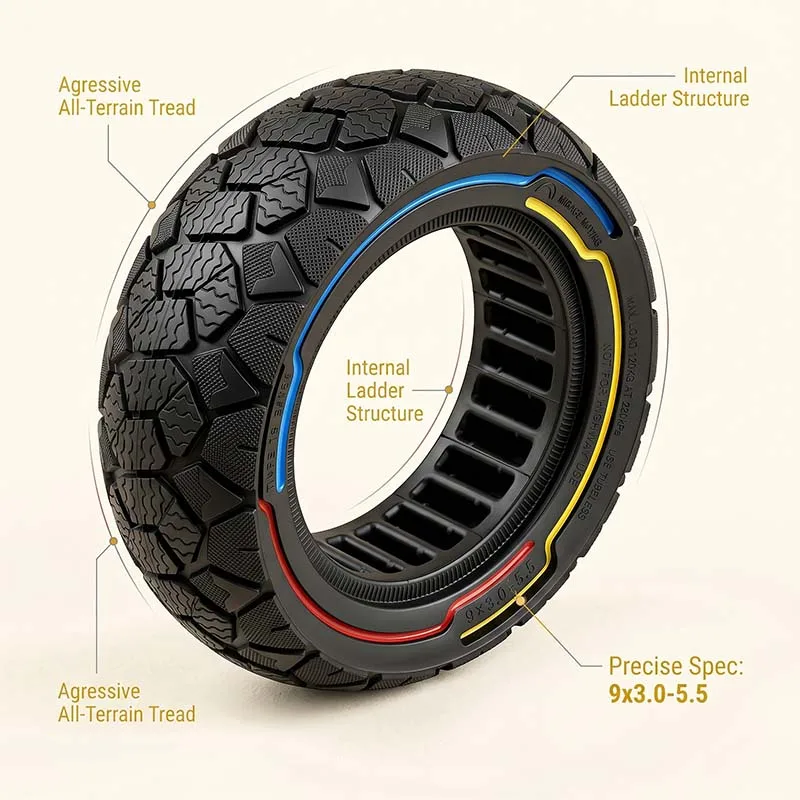 

9.0*3.0-5.5 Off-Road Solid Tire for Kukirin G2 Pro Scooter, 9×3-5.5 Anti-Explosion Airless Tyre, Puncture-Proof Replacement