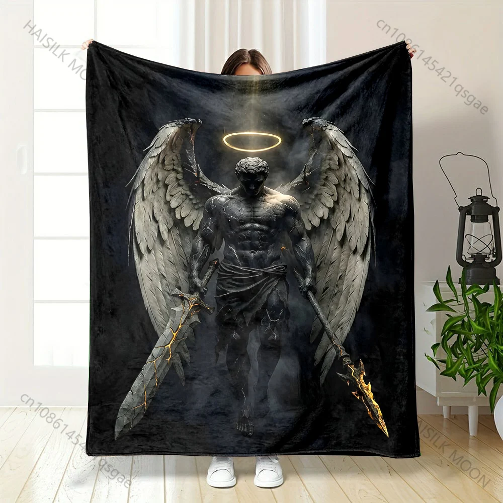 1PC Dark-winged angel holding weapons printed blanket all seasons multi-purpose blanket suitable for sofa, camping, travel, car