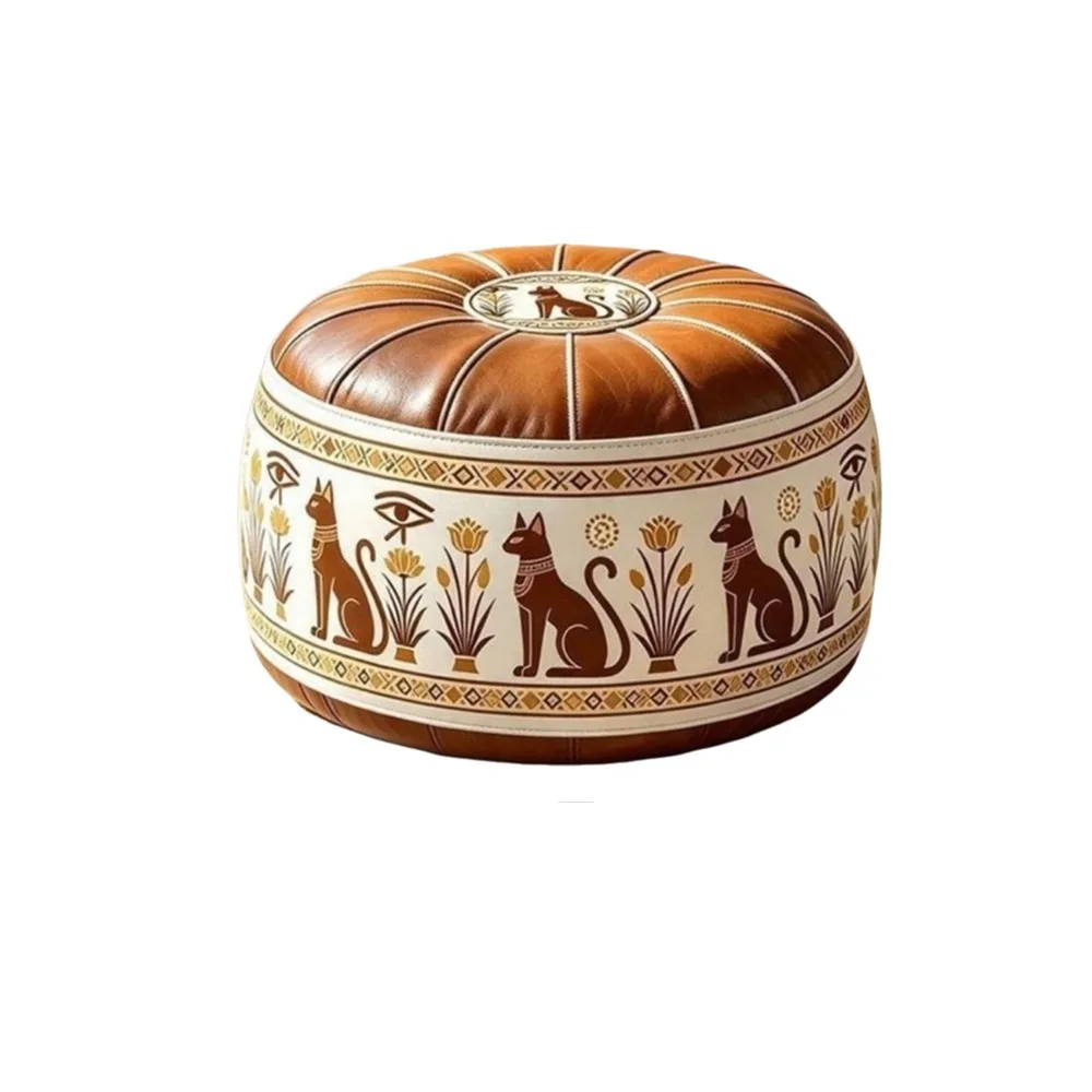 PU Leather Boho Style Seat Cushion Cover Fillable Design Large Capacity Round Footstool Cover Unstuffed Waterproof