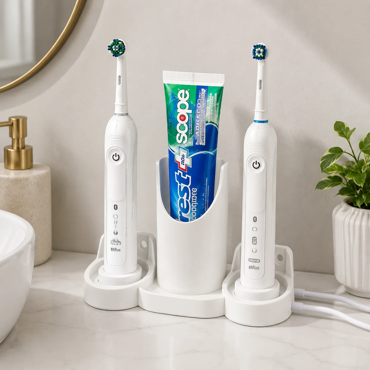 Electric Toothbrush Holder Compatible with Oral-B, Toothpaste Organizer with Dual Charger Base, Space Saving Wall Mount