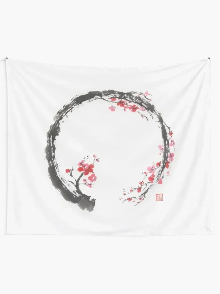 Zen sumi-e conceptual painting of Enso circle as a red cherry blossom branch art print Tapestry Room Decorator Tapestry