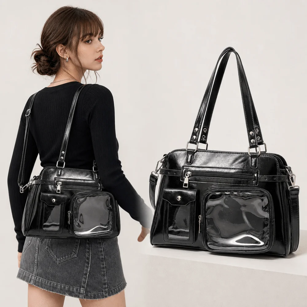 Bolso de Mano Estilo Japonés Ita Bag Y2K, Bolso de Hombro Lolita con Múltiples Bolsillos, Bolso Tote de PU de Gran Capacidad para la Escuela