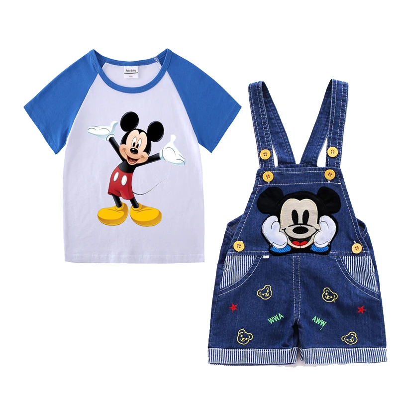 Baby Boy Clothes Mickey Mouse Suits Cotton T-shirt+ Belt Denim Shorts Infant Toddler Set 1-4 Years Boy Summer Clothing Set Ropa