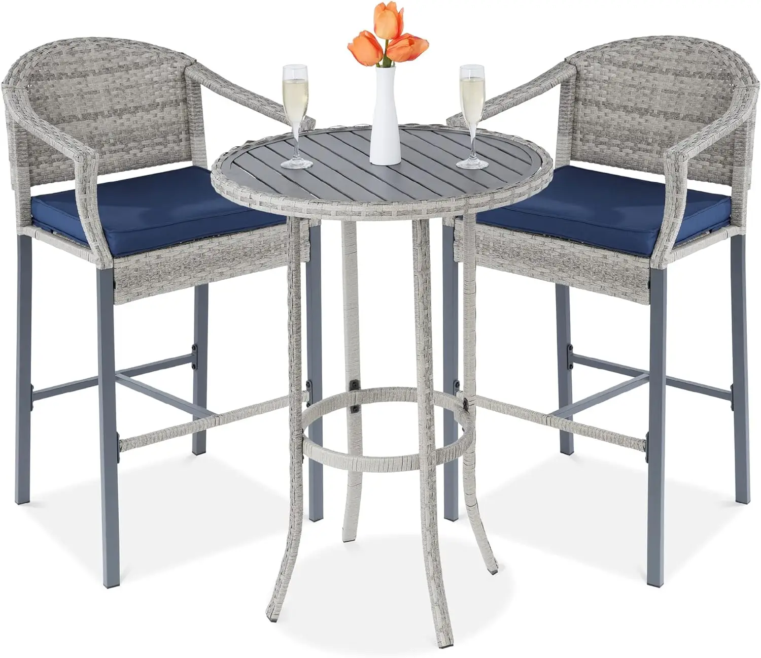 3-Piece Patio Bar Table Set, Outdoor Wicker Bar Height Bistro Furniture for Backyard, Poolside, Balcony w/Barstools, Cushions