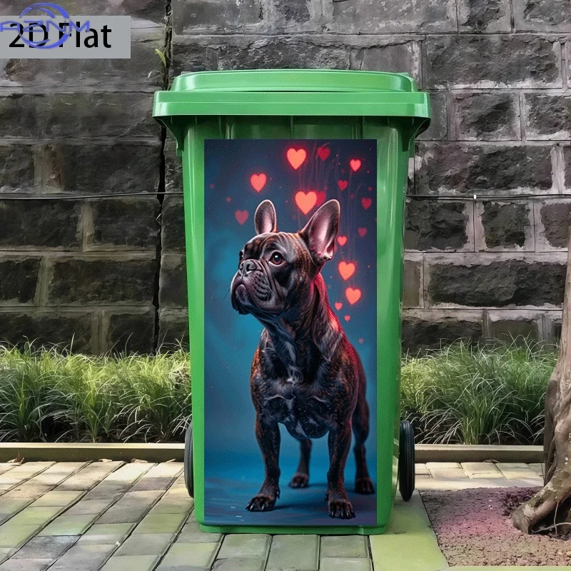 [2D Flat Printing] 1pc Trash Can Sticker [37 X 82 Cm] Heart-Shaped French Bulldog Cute Pose Theme Design Wall Sticker Self-Adh
