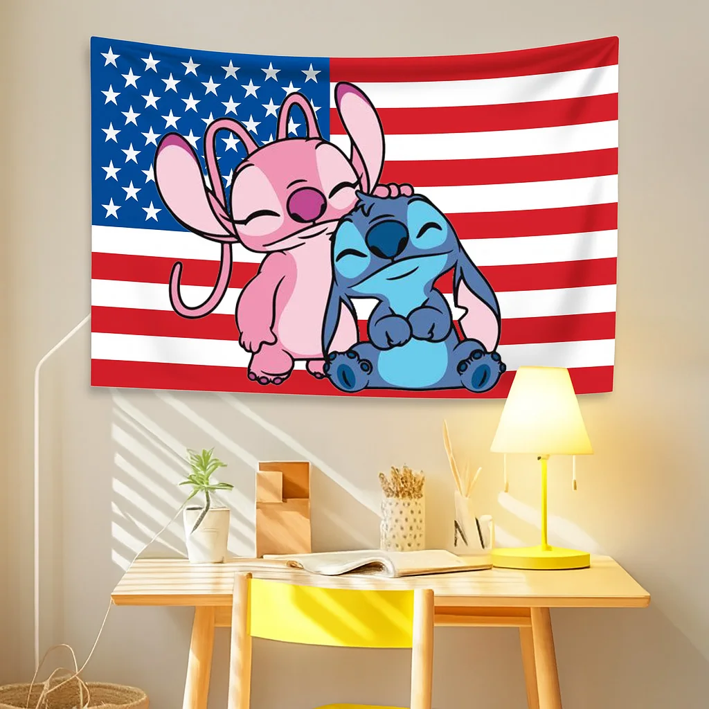 MINISO In love Stitch Lilo American Flag Fusion Tapestry Wall Decor Double Sided Gift Fan Art Dorm Room