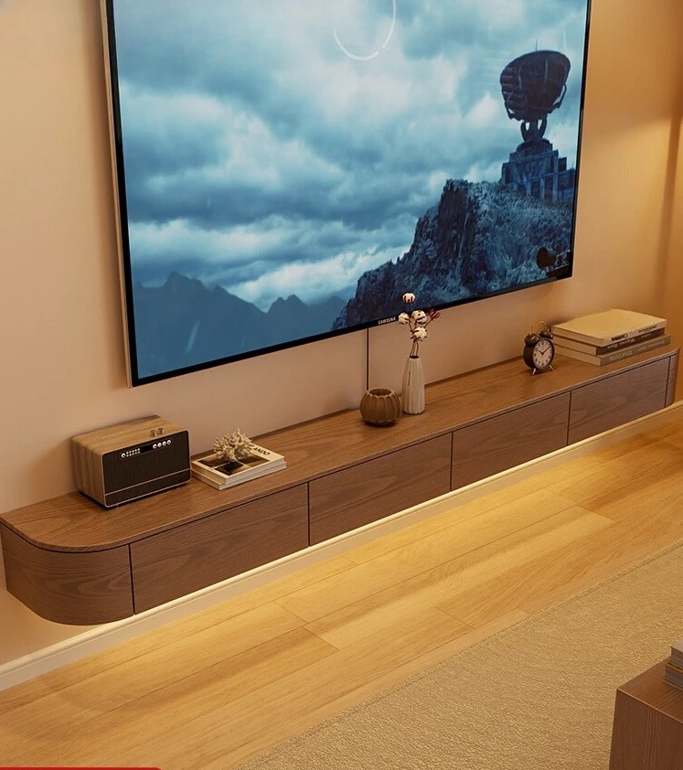 Solid wood suspended rock panel TV cabinet living room household small apartment modern simple hanging storage suspension