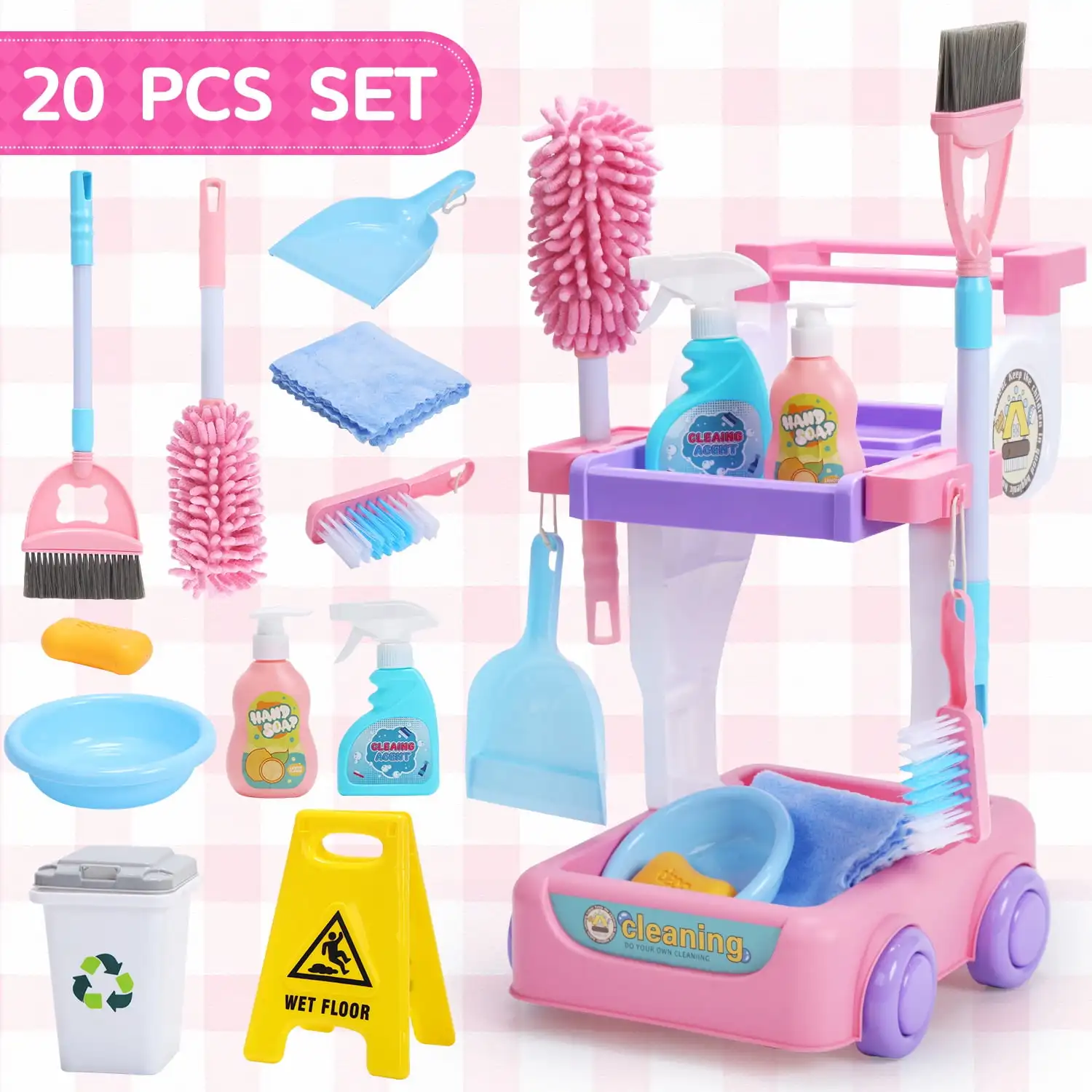 Kids Cleaning Set Toddler Cleaning Toy Set Pretend Play Housekeeping Educational Toy with Cart Broom Dust Pan Mop Christmas Gift