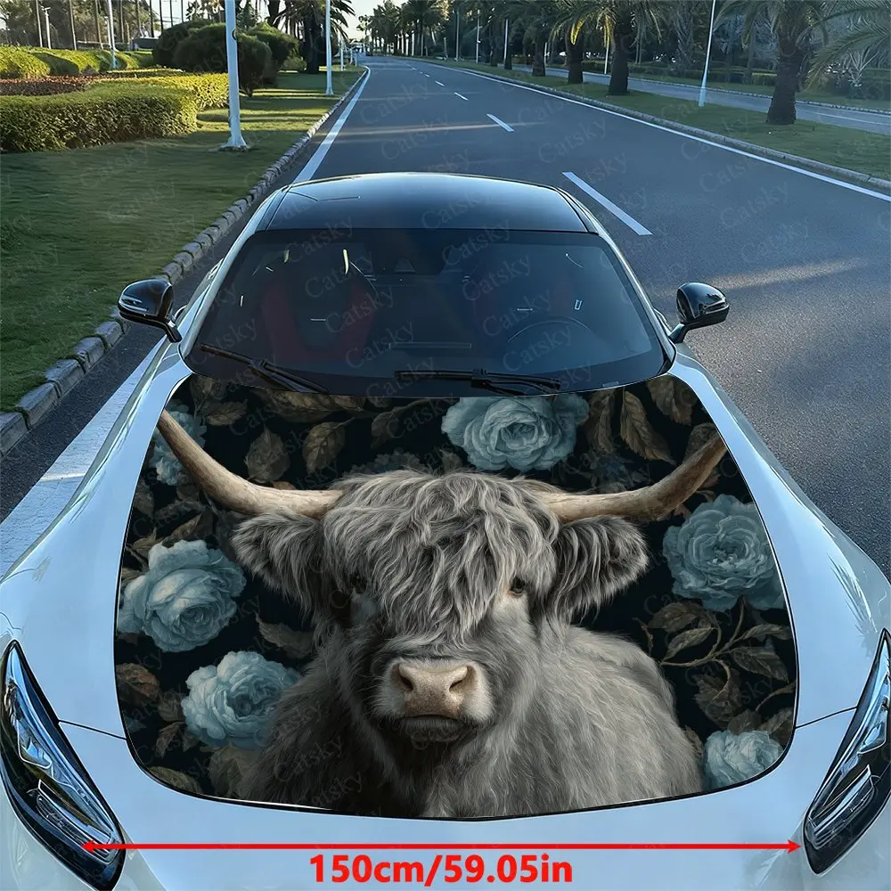 Blue Rose Highland Cattle Car Hood Sticker, Drum Packaging, Stylish Design, Suitable For Most Vehicles, Hood Protective Film, Ve