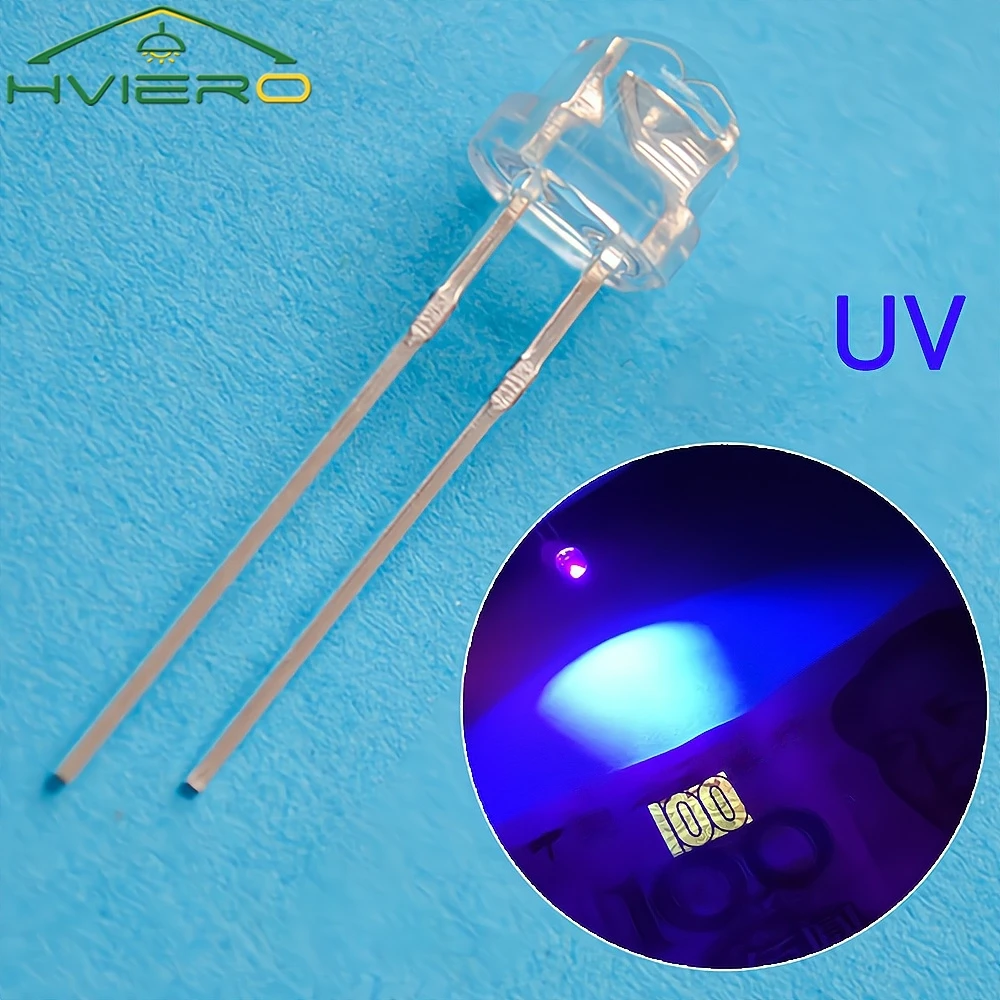 100 Uds. Diodo Led de sombrero de paja de 5mm 3V UV púrpura agua clara superbrillante bombilla gran angular diodos de atmósfera de iluminación inserción directa