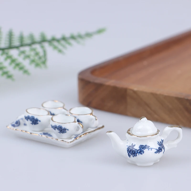 New【6Pcs/set Dollhouse Miniature Dining Ware Porcelain Tea Set Dish Cup Flower Pattern Tea Pot With Lid 4x Tea Cups & Big Plate】