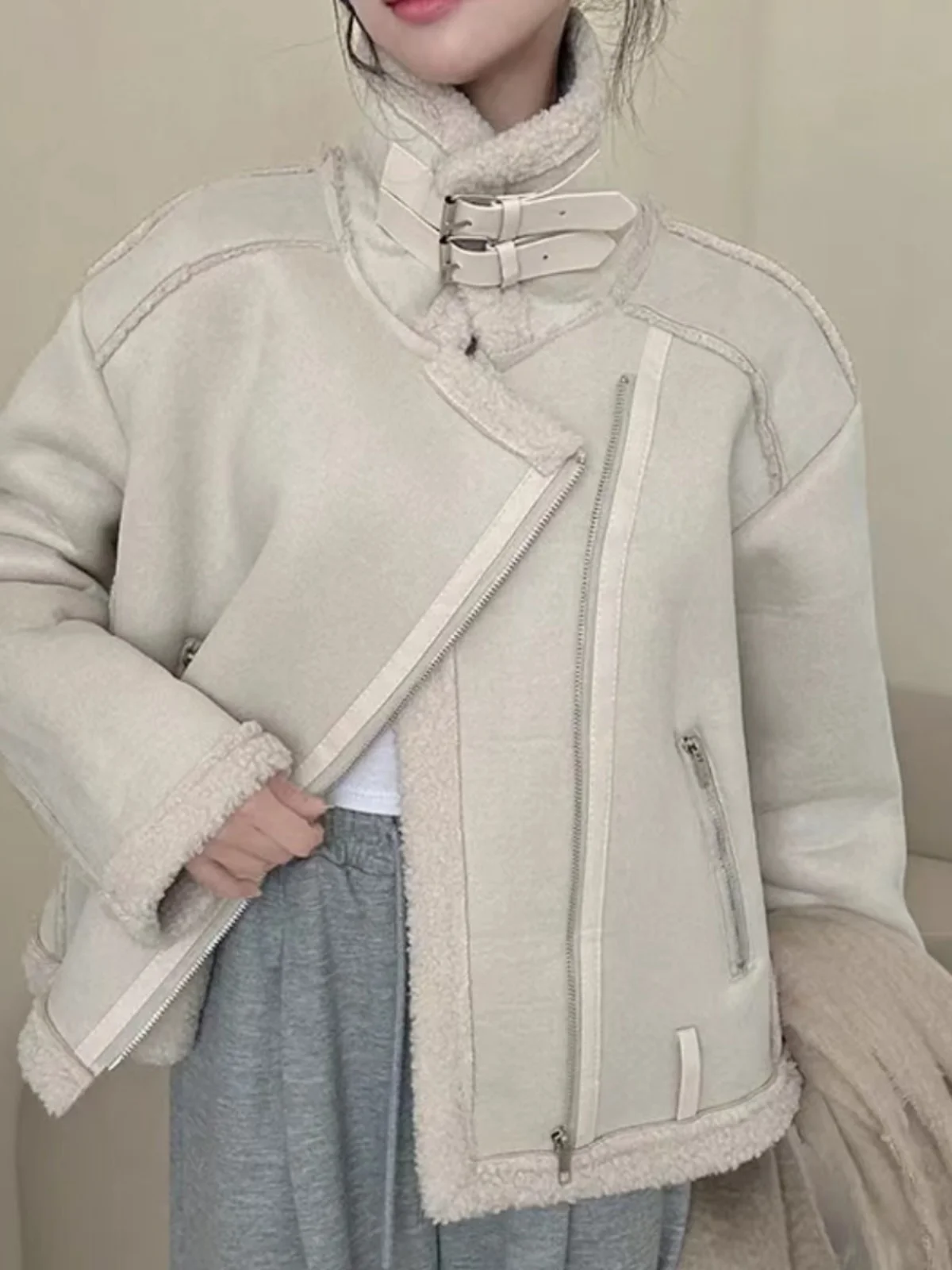 

Winter Short Lamb Fur Jacket Women's Cotton Fashion High-End Retro Suede Motorcycle Skin And Hair Integrated Long Sleeve