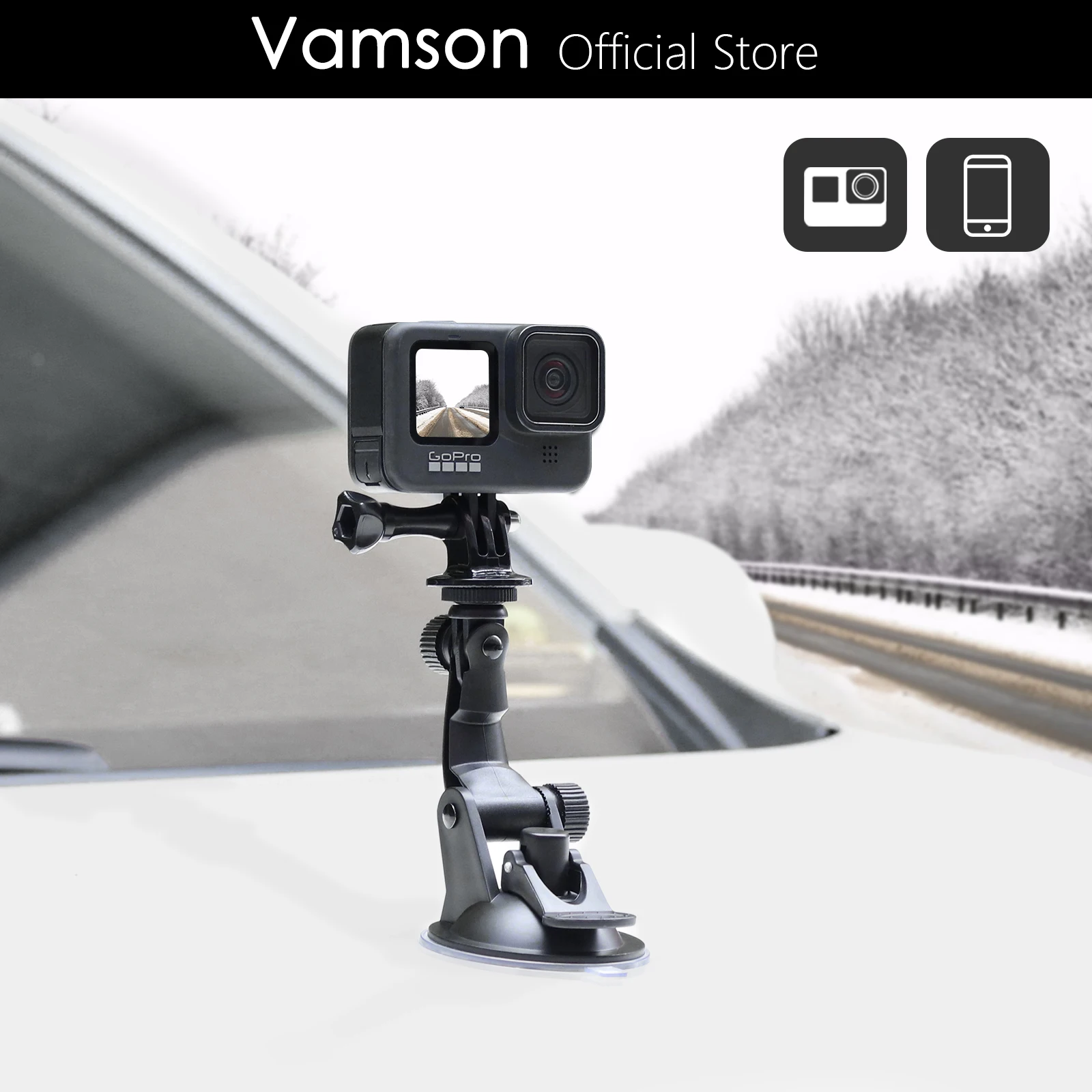 Vamson for Gopro Hero 12 11 10 9 Car Glass Suction Cup Holder with Adapter Screw for Smartphones for Insta360 X3 X2 Accessories