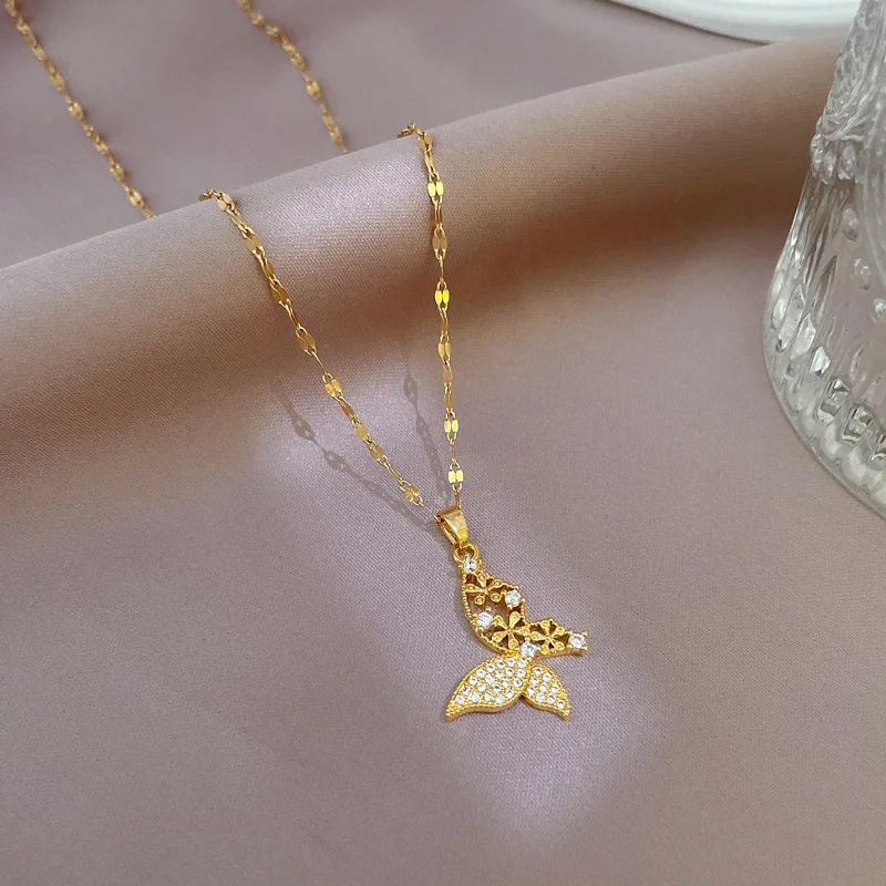 EILIECK 316L Stainless Steel Shine Cubic Zircon Butterfly Pendant Necklace Gold Color Texture Metal Personalized Chain Jewelry
