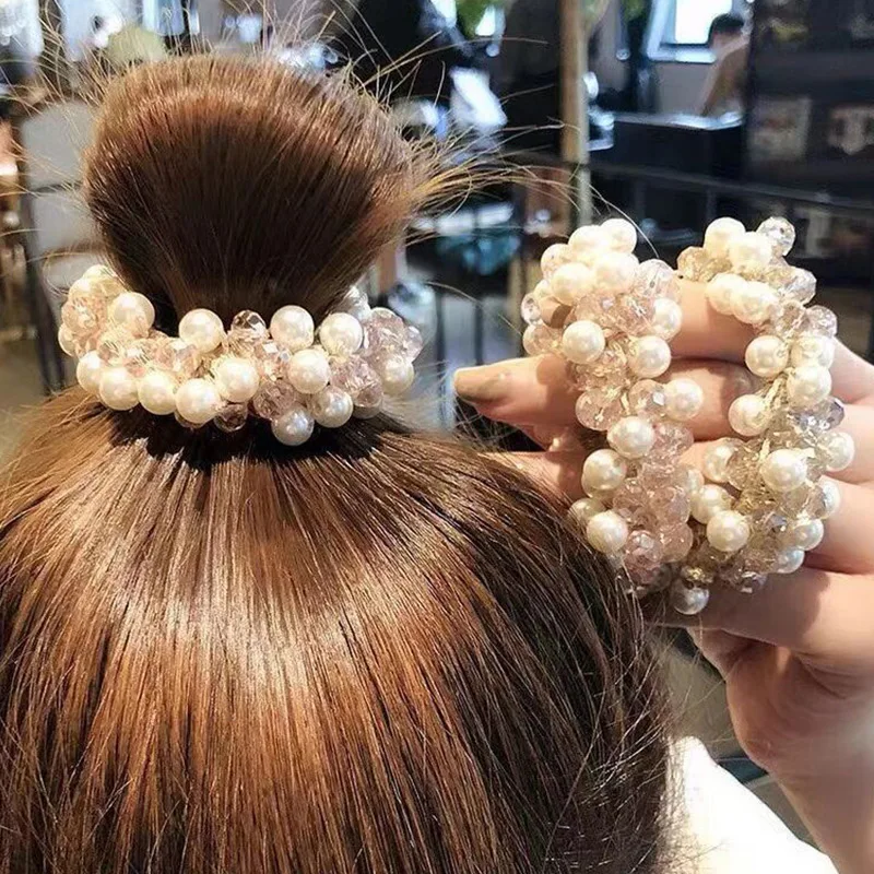 Forest-style Simple Multi-color Crystal Pearl Elastic Hair Band Tie Handmade Ponytail Holder Women Hair Rope Beaded Hair Accesso