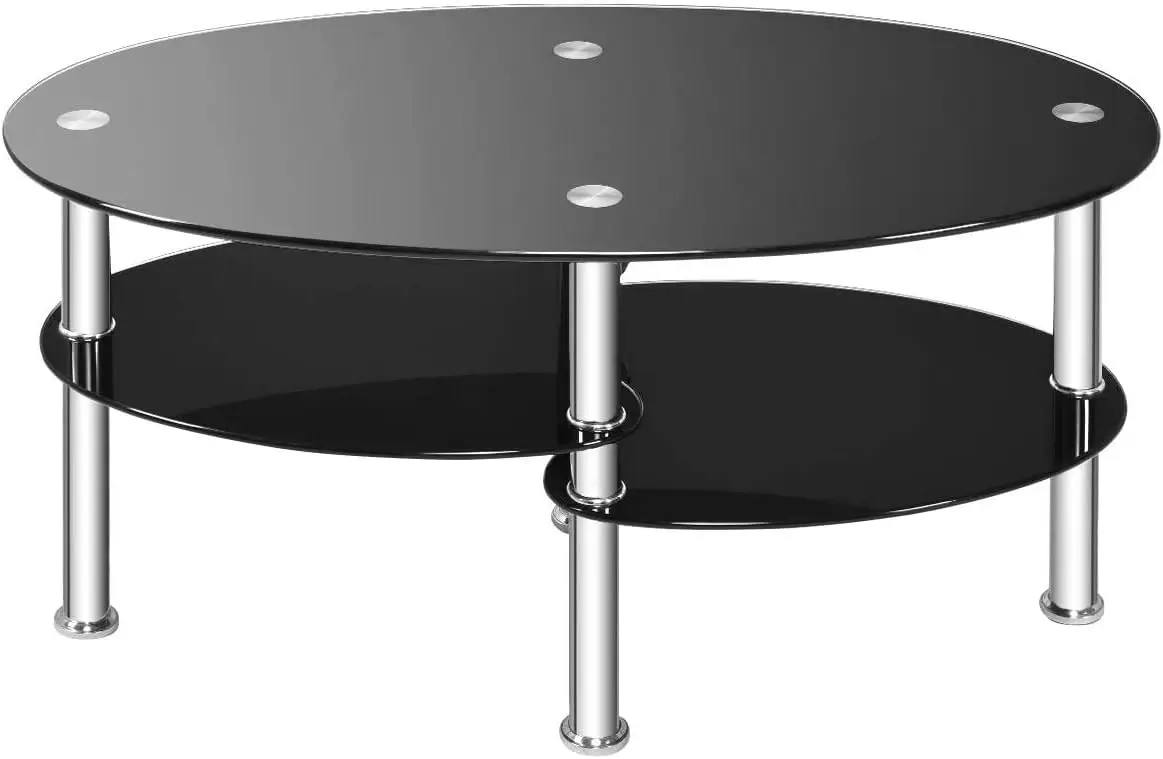 Fantask Tempered Glass Coffee Table, Oval 3-Tier Steel Tea Table W/Spacious Glass Desk-Top, Open Storage Shelf, Modern End Side