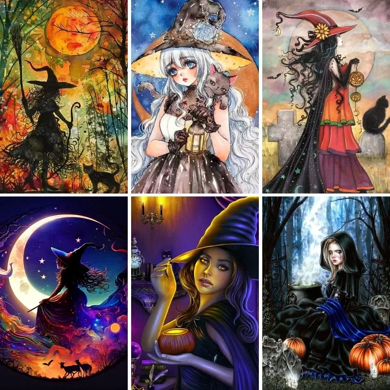 

5d Diamond Painting New, Witch and Black Cat ,Embroidery DIY Diamond Mosaic ,Cross Stitch, Picture Halloween Decoration Gift