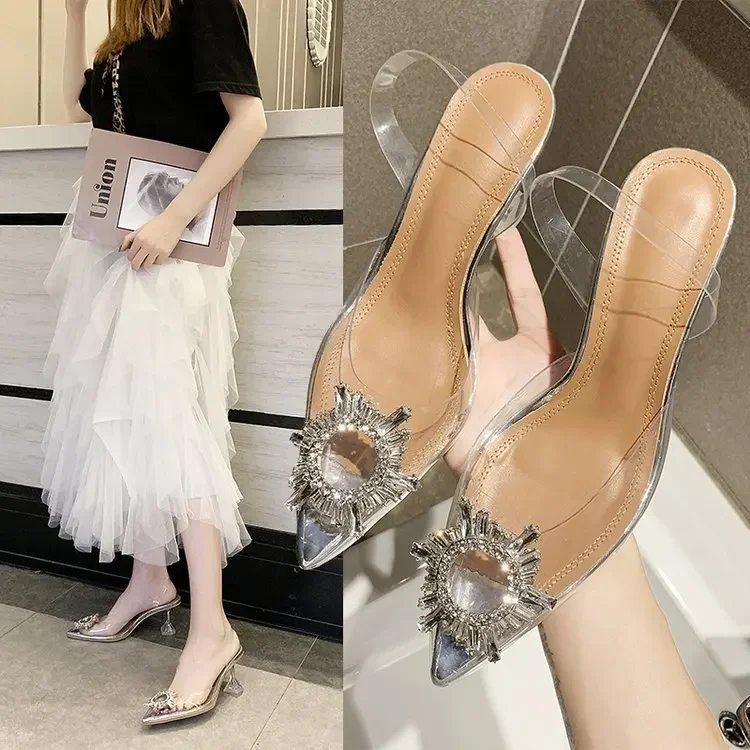 2020 Summer New Style Korean Version Transparent Crystal High Heel Sandals Fine Arch Women's Shoes Plus Size 41 Code