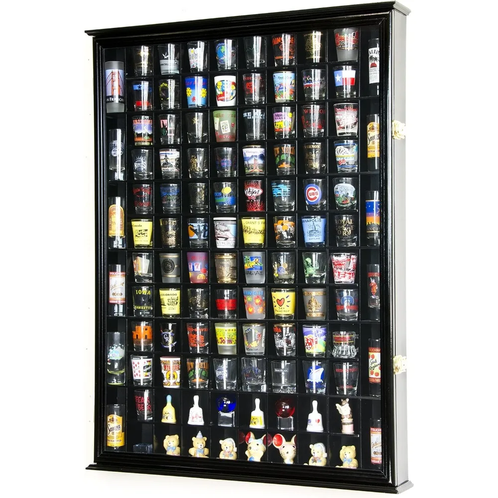 

108 Shot Glass Shotglass Shooter Display Case Holder Cabinet Wall Rack 98% UV Lockable Door -Black