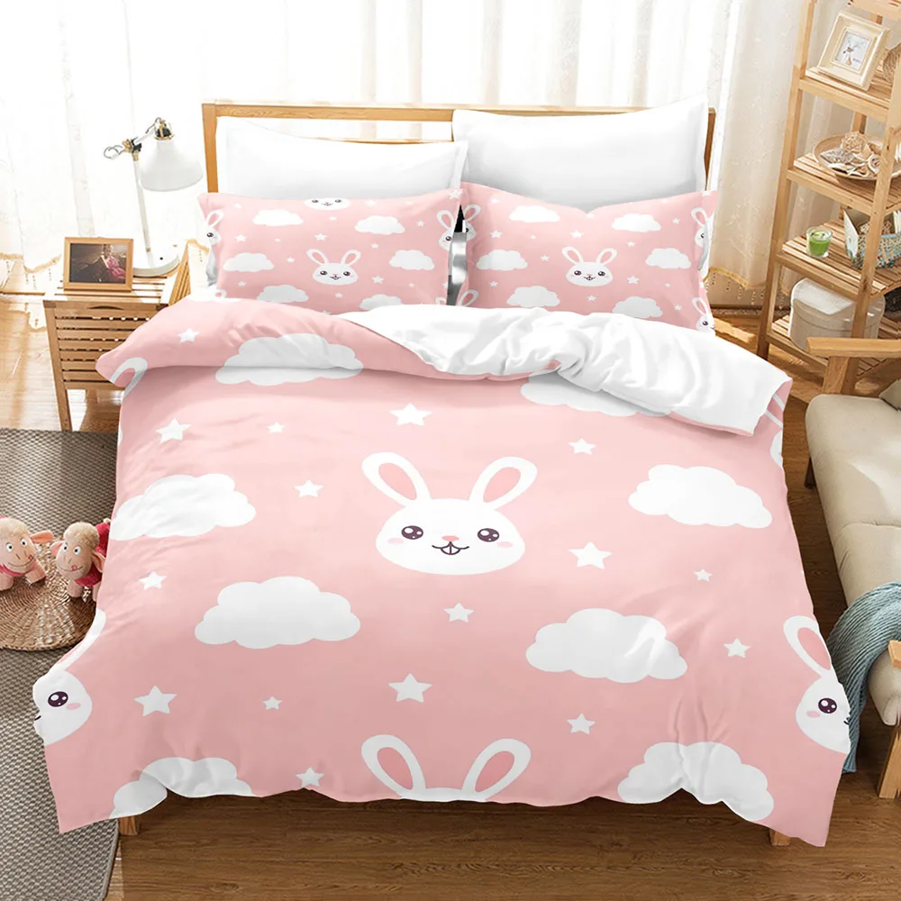 Kawaii Rabbit Three Piece Bedding Set Luxury Comforter Set with Queen King Size Including purple household goods Rabbit parure d